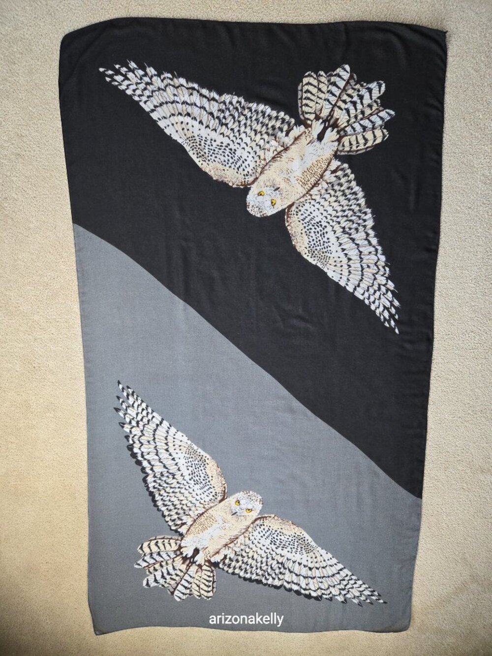 Owls in Flight Scarf Oblong Black & Grey Bird Scarf - Picture 12 of 12